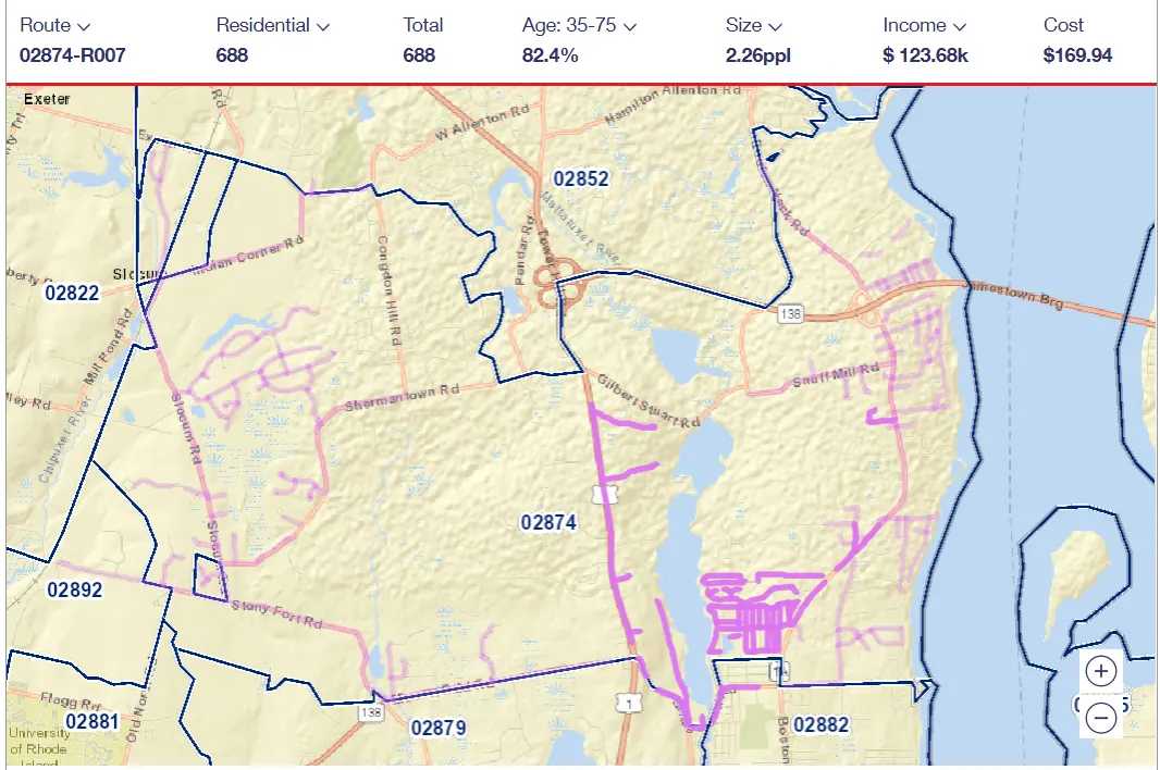 Saunderstown 02874 carrier route R007 coverage map